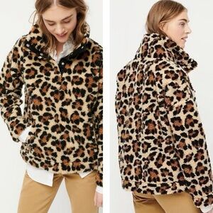 J. Crew Snap Collar Sherpa Sweatshirt Jacket In Leopard Print Tan/Black SZ XS